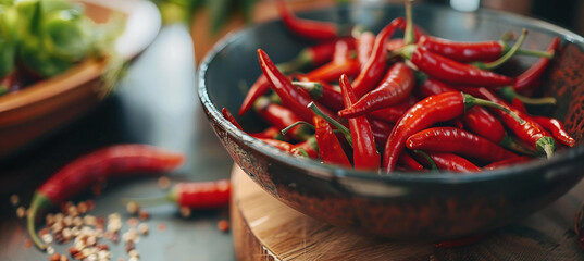 There is a bowl filled with red chili peppers on the table.