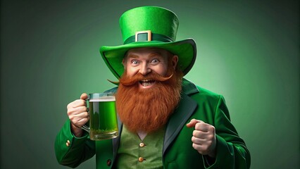 Leprechaun with a glass of beer on a green background, St. Patrick's Day.