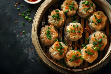 Dim Sum on a black background top view Chinese Cuisine. Concept Chinese Cuisine, Dim Sum, Food Photography, Top View, Black Background - obrazy, fototapety, plakaty