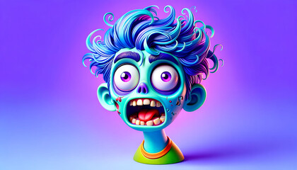3D illustration of a cartoon zombie boy with exaggerated features, wide eyes, and vibrant blue hair against a purple background.