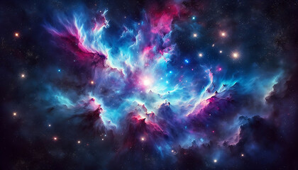 Cosmic scene depicting a vibrant nebula with interstellar clouds of gas, dust, and brightly shining stars.