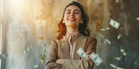Happy businesswoman impressed having a lot of flying money around she, successful with a new project, Finance and earning concept - obrazy, fototapety, plakaty