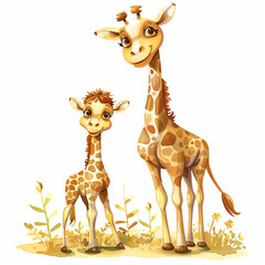 Watercolor cartoon illustration of a gentle giraffe and her calf, isolated on a white background 