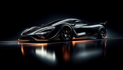 A sleek black sports car with dynamic lighting, showcasing its aerodynamic design and glossy finish on a dark backdrop.