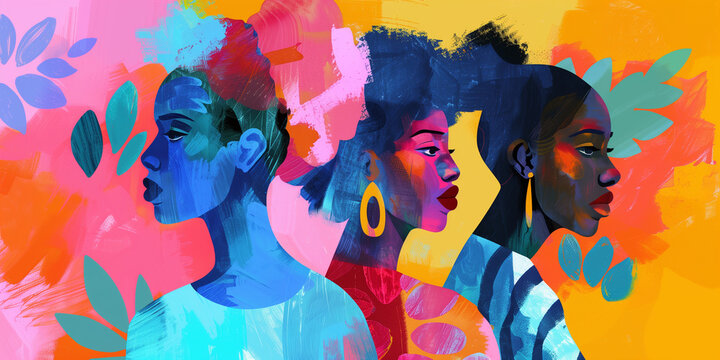 colorful art painting of 3 diverse poc women in a line from side profile view, abstract