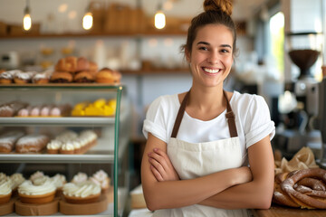 Portrait of happy female in apron standing with fresh bake bread in her homemade bakery shop