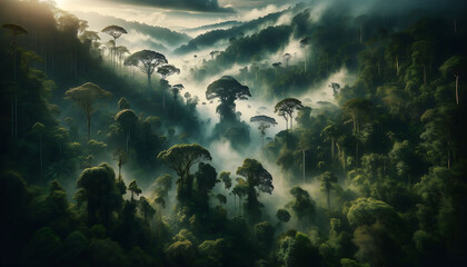 Misty sunrise over a lush rainforest, with sunbeams piercing through towering trees and fog.