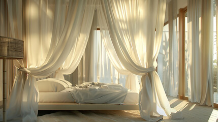 A canopy bed with sheer curtains, billowing in the breeze, creating a serene and peaceful environment.