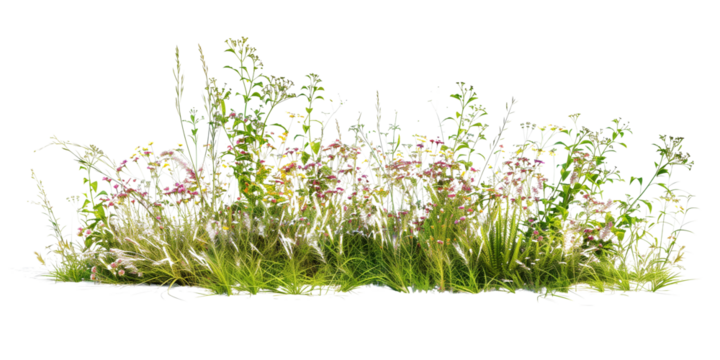 a bush made with grass and wildflowers isolated on transparent background