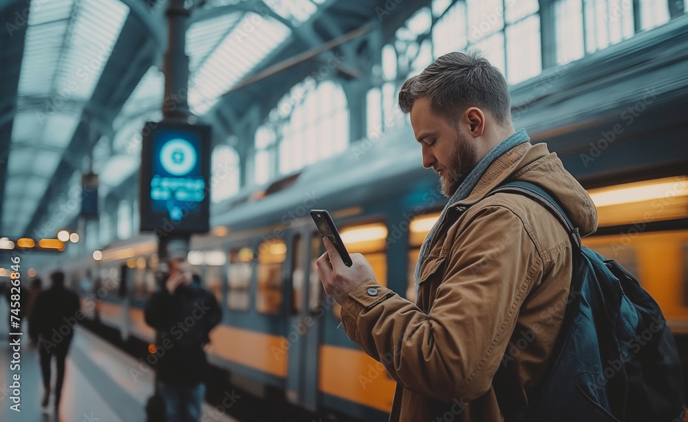 Poster on-the-go productivity: man using mobile app at train station