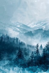 Foggy winter landscape with snow covered fir trees in mountains. Generative AI.