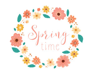 Flowers decorative frame for card, banner, invitation. Spring flowers and leaves round frame. Colorful garden flowers in a row. Floral illustration isolated on white.