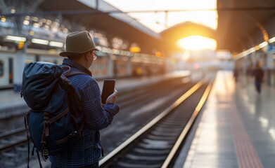 On-the-Go Productivity: Man Using Mobile App at Train Station