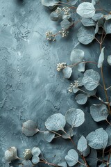 Eucalyptus branches on grey textured background, top view, generative AI.