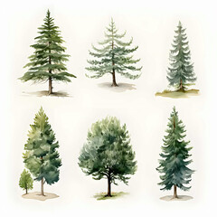 a bunch of trees that are painted in watercolor