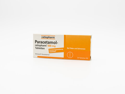 DRESDEN, GERMANY - 22. February 2024: Paracetamol pills from ratiopharm in a package isolated on white. Medication against fever and pain.