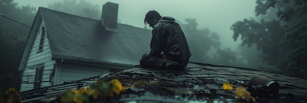 a man is sitting on the roof of a house in the rain