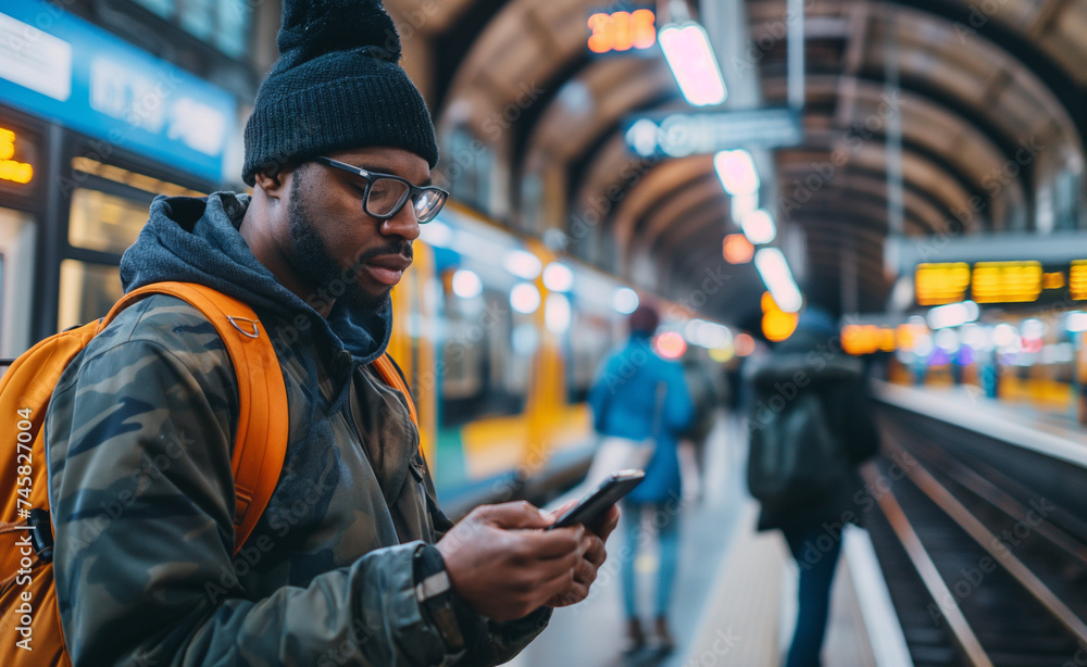 Poster on-the-go productivity: man using mobile app at train station