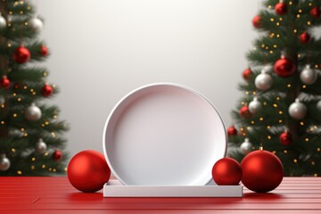 Fototapeta na wymiar christmas podium display with red baubles. Concept of blank holiday cards, banner