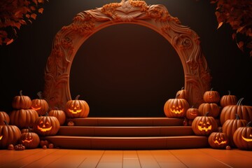 Halloween background with pumpkins and arch. 