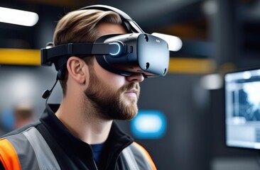 Engineer using virtual augmented reality for work,man in virtual glasses,mixed reality