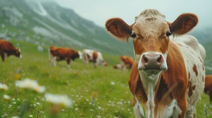 Cows graze on an alpine green meadow