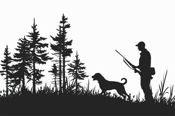 Silhouette of a hunter and dog, Hunter and dog, Silhouette of hunter with gun and his dog on white background