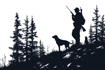 Silhouette of a hunter and dog, Hunter and dog, Silhouette of hunter with gun and his dog on white background