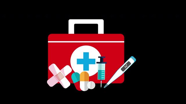 A medical kit with bandages, syringes, pills and other medical supplies for emergency medical treatment concept animation with alpha channel