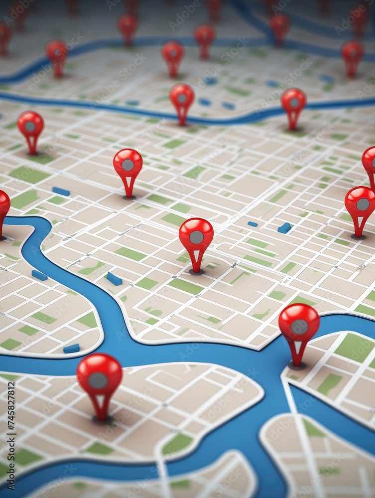 Poster 3d map travel location. locator mark of map and location pin or navigation icon sign on background w