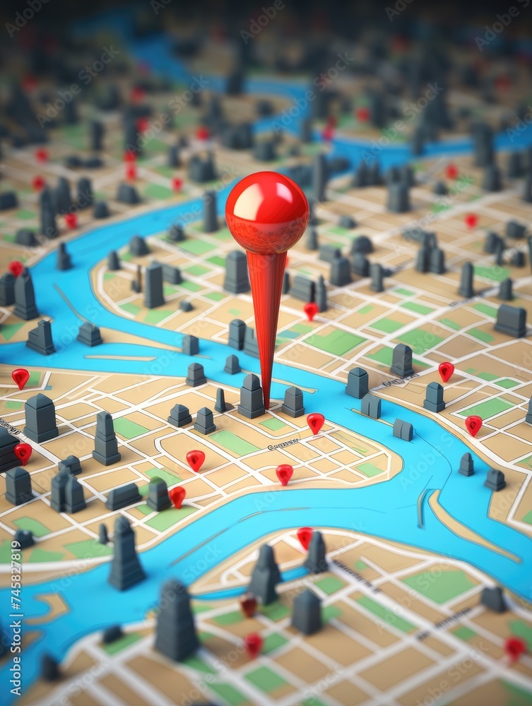 Poster 3d map travel location. locator mark of map and location pin or navigation icon sign on background w