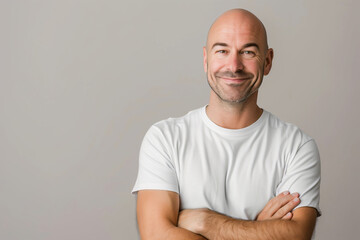 Smiling Bald Man in Casual White Shirt Posed Against a Neutral Background