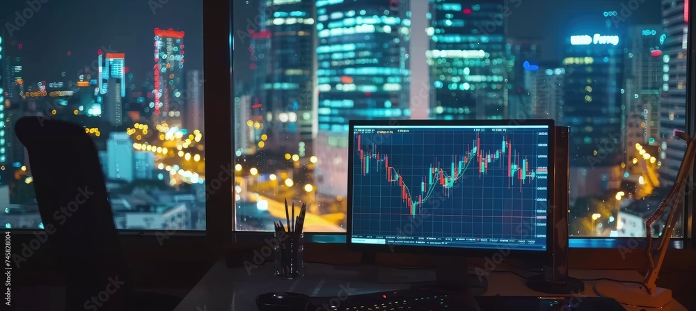 Poster a workstation with a forex chart on the monitor and a view of the city at night. concept of business