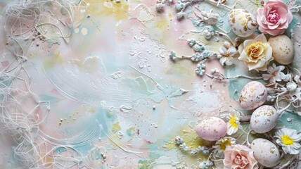 Pastel Easter decor on textured canvas - An artistic textured canvas creatively decorated with pastel-colored Easter eggs and delicate spring flowers