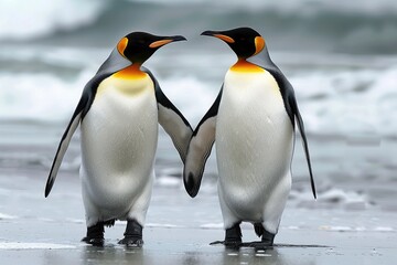 Obraz premium Two king penguins standing together on beach