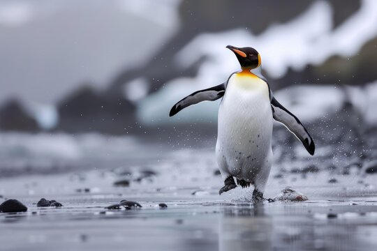 Penguin wading through water in Antarctica