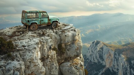 Vintage car teetering on mountain edge - An old, rusty car precariously balances on the edge of a cliff overlooking a breathtaking valley - obrazy, fototapety, plakaty