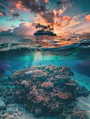 Tropical Island and coral reef. Split view with waterline