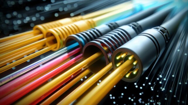 Vivid optical fiber cables close-up - This detailed image shows vibrant optical fiber cables with light passing through, symbolizing data transfer