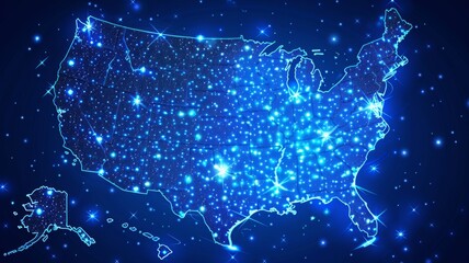 Glowing map of USA with bright connections - This image features a luminous map of the United States with bright network connections simulating technological connectivity across the country