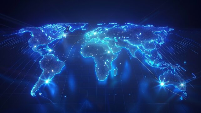 Illuminated digital world map on dark background - A striking image presenting a digital world map with illuminated connections, highlighting global technology and international network