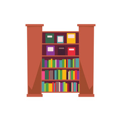 Wooden bookcase, book shelves full of multicolored books covers, vector cartoon home, school library furniture interior