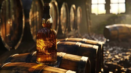 Fotobehang An artistic interpretation of a whiskey bottle nestled among barrels in a distillery, the transparent glass reflecting the warm hues of aged spirits as they mature in oak casks. © Ai Studio