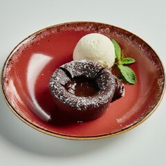 Elegant Dessert Presentation With Chocolate Lava Cake and Vanilla Ice Cream on a Red Plate