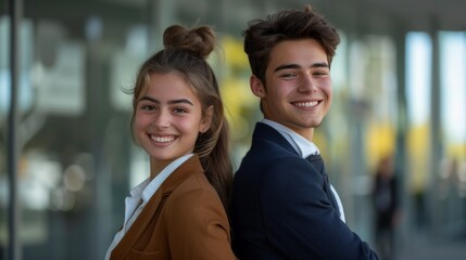 A young woman in brown trousers and a white shirt stands smiling back to back with a young man in a dark blue suit