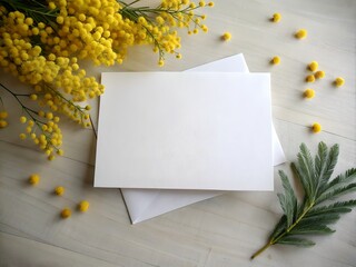 Note paper  with mimosa flowers on wooden table. Open space whith white background for you text. Spring background for 8 March, Mother day or birthday with fresh mimosa flowers