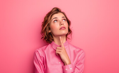 Fototapeta premium Pensive in Pink: Woman Contemplating on Pink Background