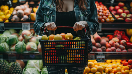 A customer holding a shopping basket, selecting fruits and vegetables in a grocery store.