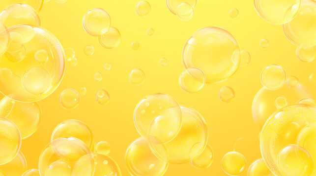 Transparent soap bubbles on a yellow background with bokeh effect.