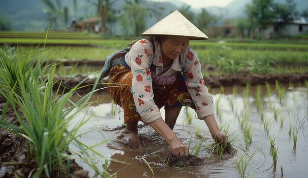 woman in traditional asian attire plowing in a rice field